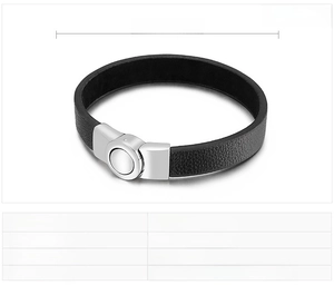 Detail view of woven black leather bracelet with silver stainless steel magnetic clasp
