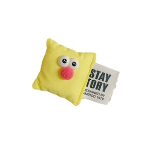 Yellow square plush pillow phone holder with big eyes and pink pom-pom nose feature