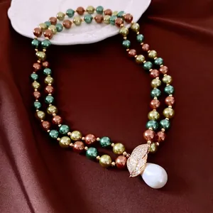 Double Layer Artificial Pearl Necklace With 18K Gold Plated Copper Leaf Zircon Clasp And Large Waterdrop Pendant Vintage For Women