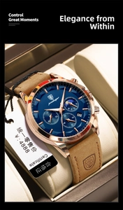 Detail of blue dial quartz watch with sub-dials and brown leather strap in a gift box