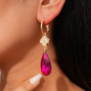 Retro gold teardrop earrings with sparkling crystal flower studs and pink gems for women