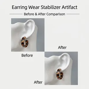 Silicone earring back lifters before and after comparison showing support and stability