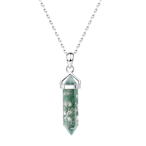 Natural green moss agate hexagonal pillar pendant with S925 silver necklace