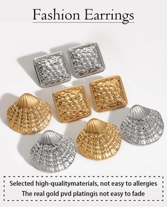 Macro shot of 18K gold plated square hammered and shell texture stainless steel earrings