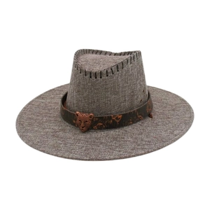 Western cowboy sun hat with wide brim, leopard metal buckle and rustic stitch detail