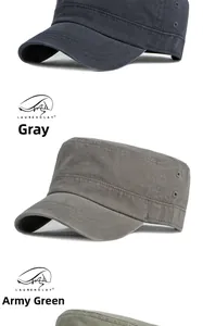 Vertical view of flat top army caps in grey and olive cotton canvas with metal eyelets
