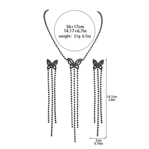 Elegant black butterfly necklace and long tassel earring set with detailed measurements