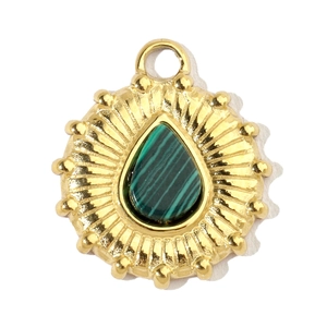 Macro shot of gold sunburst pendant with water-drop green natural stone inlay
