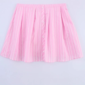 Pink and white striped A-line mini dress with long sleeves and front buttons