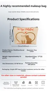 Cat heart cosmetic bag detail with size 17x25cm and fine linen material specs