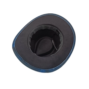 Detail shot of the wide brim hat interior showing fabric sweatband and care label
