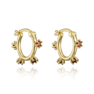 Detail of 18K gold-plated geometric earrings with red AAA zircon stones on white background