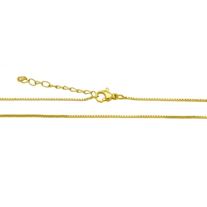 Detail of gold box chain necklace with secure lobster clasp and adjustable extension link