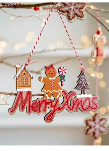 Christmas gingerbread man wooden pendant with red Merry Xmas lettering on tree branches