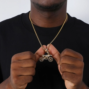 Motorcycle Pendant Necklace Gold Plated Iced Out Rhinestone Hip Hop Fashion Jewelry For Men