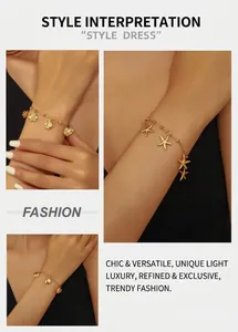 Detailed view of gold ocean series bracelets featuring starfish fish and shell charms