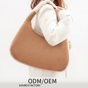 Women Retro Plush Patchwork PU Leather Shoulder Bag Large Capacity Autumn Winter Contrast Color Tote Underarm Handbag