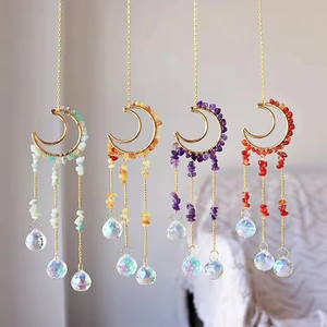 Handmade crystal suncatcher with moon metal frame and colorful stone beads room decor