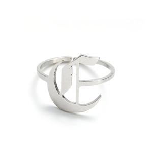 Vintage silver adjustable open ring featuring an Old English style letter E design