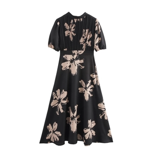 Floral Print Maxi Dress Short Bubble Sleeves Pleated High Waist A-Line Elegant Retro Women Summer Long Dress Polyester