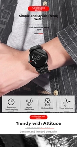 Detail of matte black men's watch with unique dial on model wrist in outdoor setting