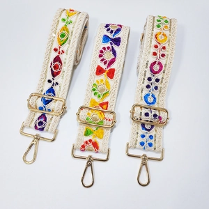 Wide Shoulder Bag Strap Bohemian Embroidered Fabric Adjustable Replacement Crossbody Purse Belt Ethnic Floral Pattern Metal Hook