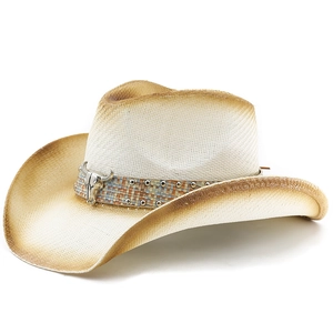Classic straw cowboy hat with a metal bull head ornament and ethnic woven band