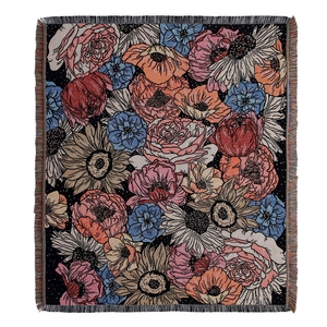 Bohemian floral cotton blend camping blanket with intricate jacquard weave and fringes