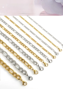 Detailed view of 18k gold plated stainless steel Figaro chains in various sizes with lobster clasp