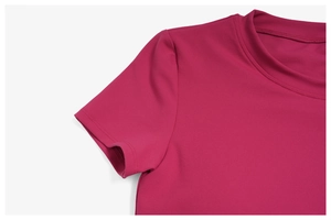 Detail showing the double-stitched neckline and sleeve seams of a magenta yoga t-shirt
