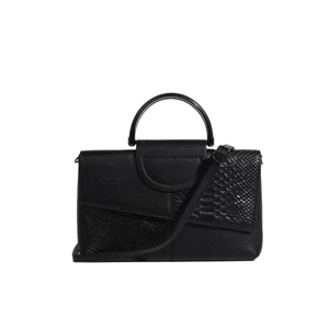 Schwarze Handtasche aus Leder mit Schlangenmuster, rundem Griff und abnehmbarem Gurt