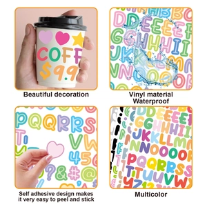 Waterproof vinyl cartoon letter stickers shown with coffee cup decoration and test