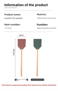 Macro detail of long beech wood handle fly swatter with 49.5cm length and faux leather head