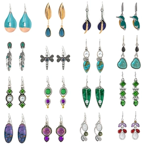 Set of 16 pairs bohemian vintage feather and turquoise earrings in various shapes