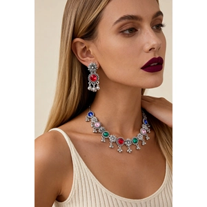 Bohemian retro silver jewelry set with colorful flower pendant necklace and earrings