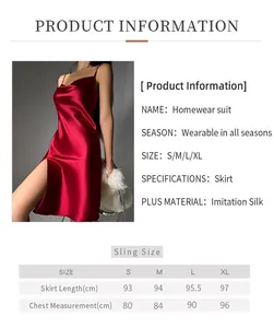 Size chart table for women's red satin silk nightgown with detailed cm measurements