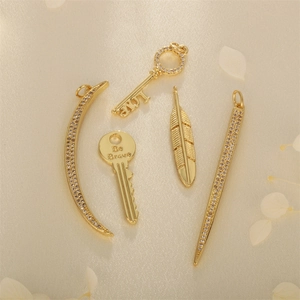 Gold Plated Copper Cubic Zirconia Pendants For DIY Jewelry Charms Moon Key Feather Letter Love Be Brave Style