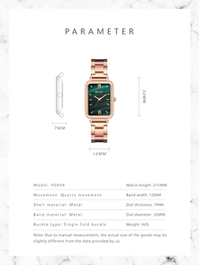 Detailed parameter chart for women's square green quartz watch with rose gold strap