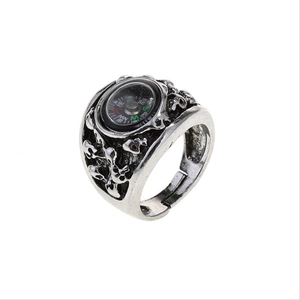 Vintage Compass Skull Ring For Men Alloy Functional Compass Punk Gothic Distressed Retro Silver Open Adjustable