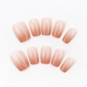 Glossy ombre gradient press-on nails in peach nude to cinnamon red tones, 30 pieces set