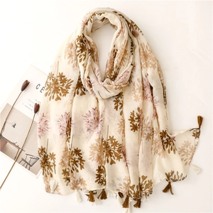 Elegant Women Lightweight Long Scarf Shawl Polyester Botanical Floral Print Tassels Sun Protection Soft Fashion Wraps