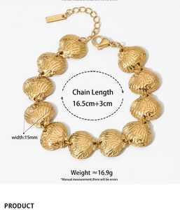 Detail view of gold stainless steel shell bracelet with 16.5cm length and 15mm width specs