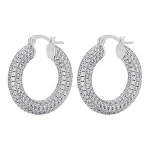 Classic silver-colored pavé hoop earrings with shimmering white crystals in a minimalist design