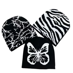 Winter black and white butterfly knit beanies with zebra and abstract patterns