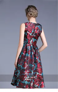 Detailed back view of sleeveless floral jacquard dress with invisible zipper closure