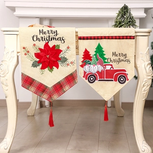 Christmas Table Runner Faux Linen Merry Christmas Red Truck Poinsettia With Tassel Holiday Home Party Decor