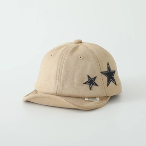 Close-up of soft camel baby baseball cap featuring star patches and DIDICute label