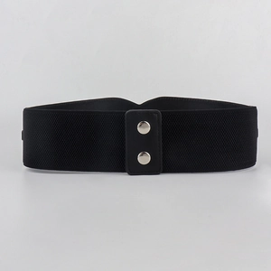 Wide elastic black waist belt with double silver metal buckles for coats and sweaters