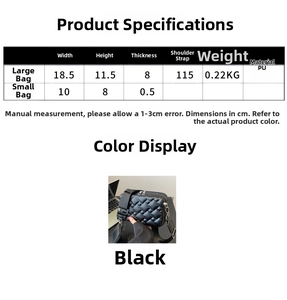 Detailed dimensions of the black PU leather crossbody bag including strap and pouch sizes