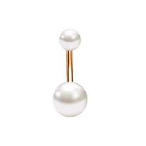 Detail of rose gold navel ring featuring two polished white faux pearls on white background